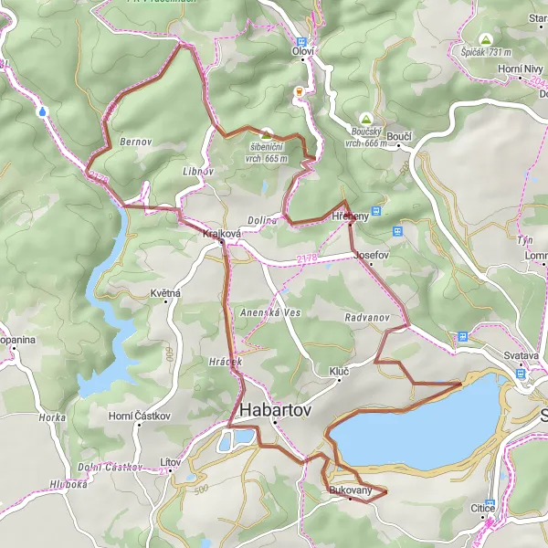 Mapa miniatúra "Gravelová trasa kolem Bukovan" cyklistická inšpirácia v Severozápad, Czech Republic. Vygenerované cyklistickým plánovačom trás Tarmacs.app