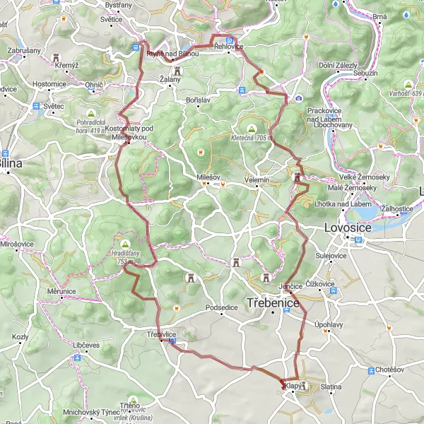 Miniaturní mapa "Gravel Bystřany - Rtyně nad Bílinou loop" inspirace pro cyklisty v oblasti Severozápad, Czech Republic. Vytvořeno pomocí plánovače tras Tarmacs.app