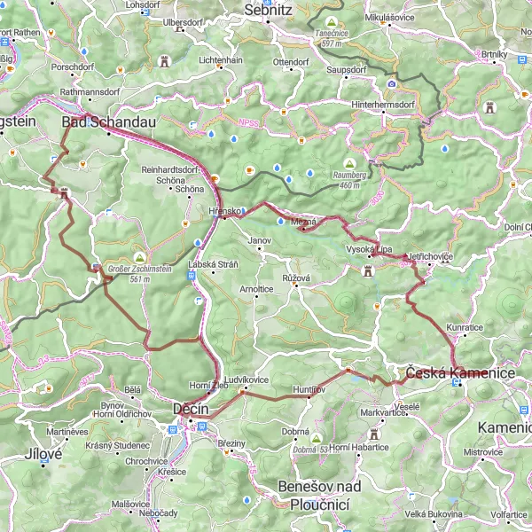 Map miniature of "Ptáčník and Hřensko" cycling inspiration in Severozápad, Czech Republic. Generated by Tarmacs.app cycling route planner