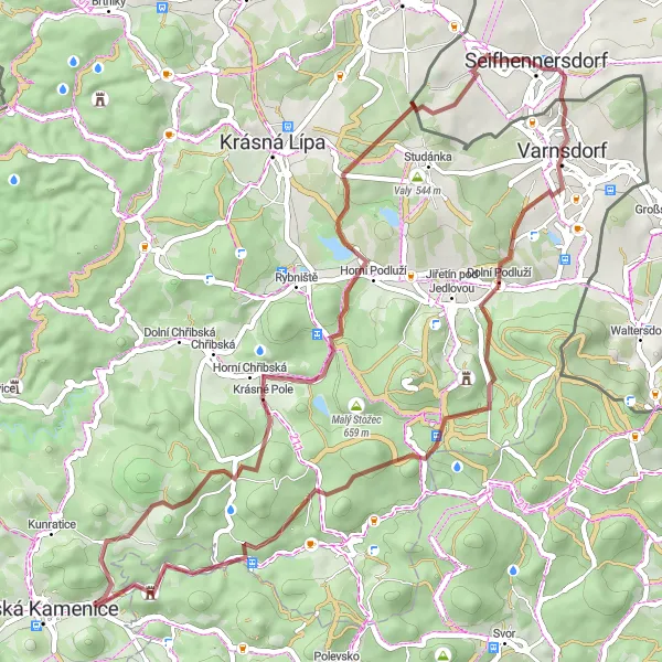 Mapa miniatúra "Kolem Kamenice 2" cyklistická inšpirácia v Severozápad, Czech Republic. Vygenerované cyklistickým plánovačom trás Tarmacs.app
