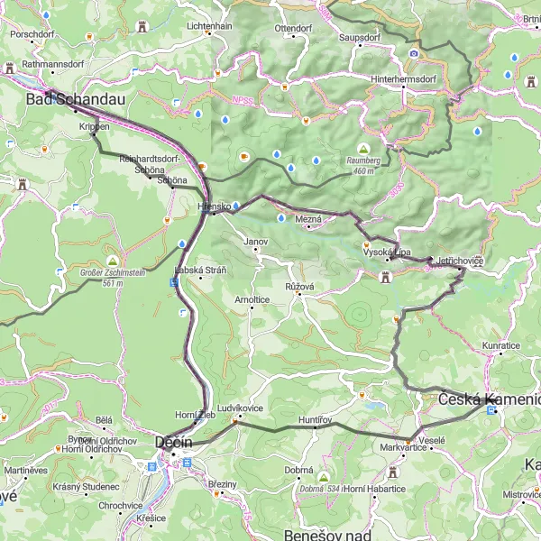 Miniaturní mapa "Okružní cyklistická trasa Dolní Kamenice" inspirace pro cyklisty v oblasti Severozápad, Czech Republic. Vytvořeno pomocí plánovače tras Tarmacs.app