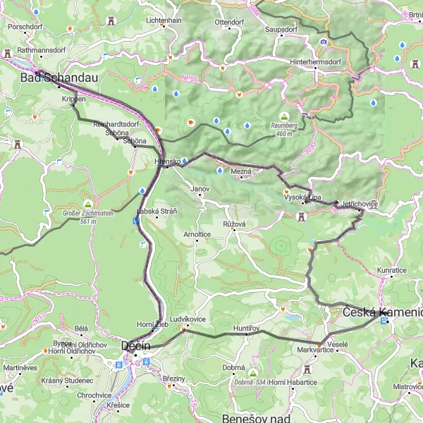 Mapa miniatúra "Jízda okolo České Kamennice 1" cyklistická inšpirácia v Severozápad, Czech Republic. Vygenerované cyklistickým plánovačom trás Tarmacs.app