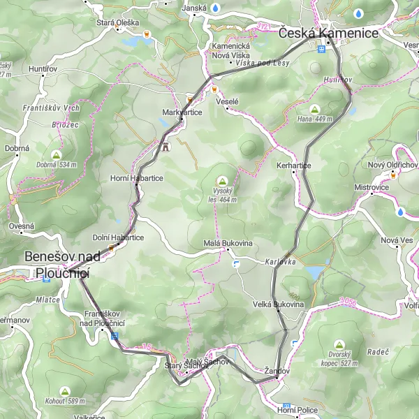 Map miniature of "Horní Habartice and Skalka" cycling inspiration in Severozápad, Czech Republic. Generated by Tarmacs.app cycling route planner