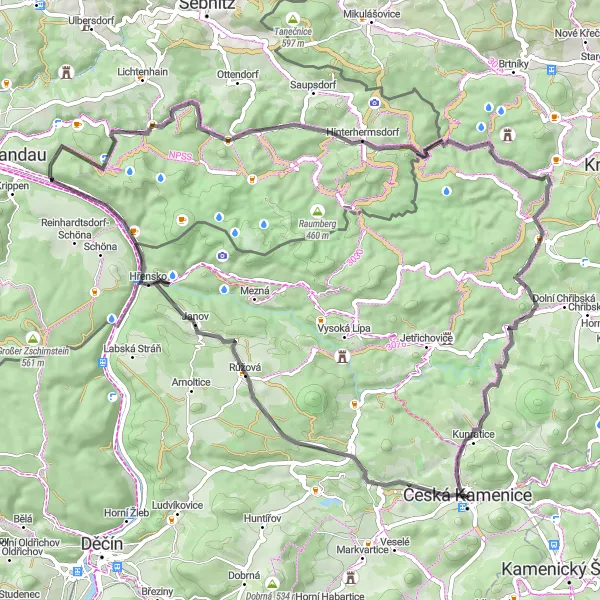 Miniaturní mapa "Okolí České Kamenice" inspirace pro cyklisty v oblasti Severozápad, Czech Republic. Vytvořeno pomocí plánovače tras Tarmacs.app