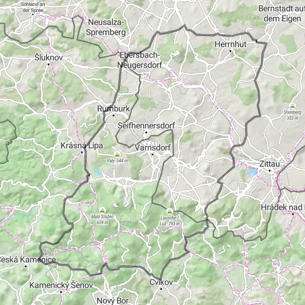 Map miniature of "Horní Kamenice and Rennersdorf/Oberlausitz" cycling inspiration in Severozápad, Czech Republic. Generated by Tarmacs.app cycling route planner
