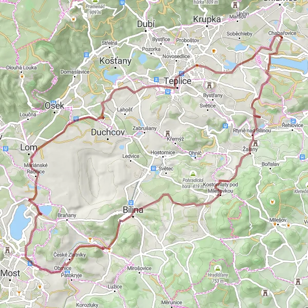 Map miniature of "Gravel Adventure through Žalany and Doubravka" cycling inspiration in Severozápad, Czech Republic. Generated by Tarmacs.app cycling route planner