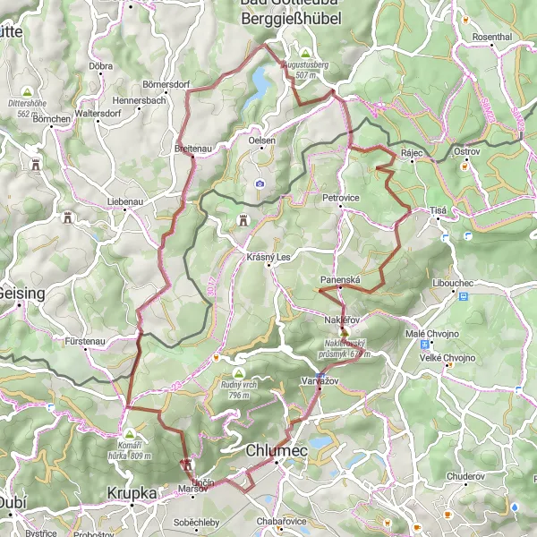 Map miniature of "Scenic Gravel Adventure through Fojtovice and Rožný" cycling inspiration in Severozápad, Czech Republic. Generated by Tarmacs.app cycling route planner