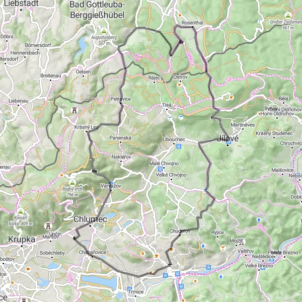 Karten-Miniaturansicht der Radinspiration "Herausfordernde Road Cycling Route um Chabařovice" in Severozápad, Czech Republic. Erstellt vom Tarmacs.app-Routenplaner für Radtouren