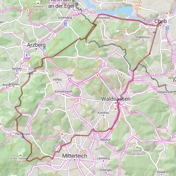 Miniaturní mapa "Gravelová tura kolem Chebu" inspirace pro cyklisty v oblasti Severozápad, Czech Republic. Vytvořeno pomocí plánovače tras Tarmacs.app