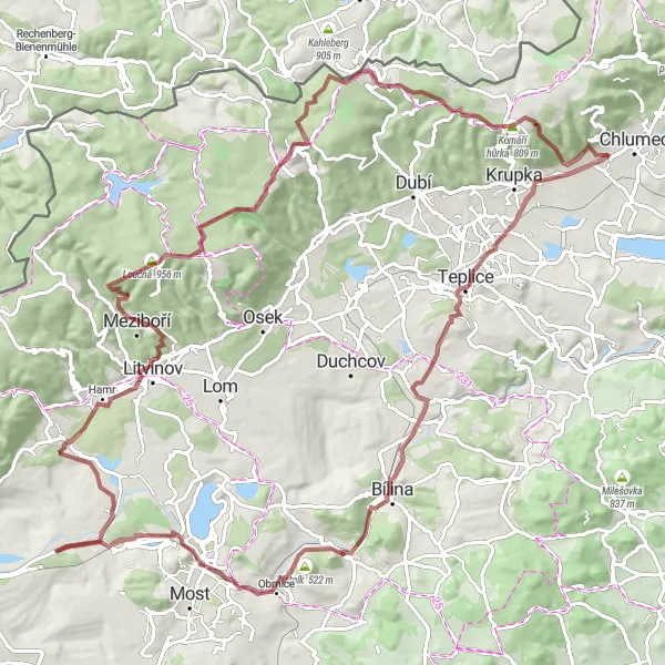 Map miniature of "Chlumec to Ve chvojkách Gravel Adventure" cycling inspiration in Severozápad, Czech Republic. Generated by Tarmacs.app cycling route planner
