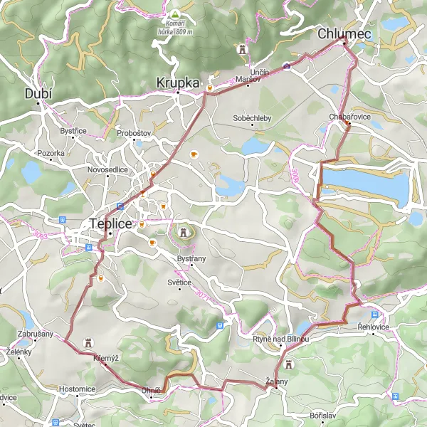 Miniaturní mapa "Gravelová cyklotrasa kolem Chlumce" inspirace pro cyklisty v oblasti Severozápad, Czech Republic. Vytvořeno pomocí plánovače tras Tarmacs.app