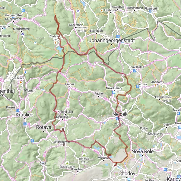 Miniaturní mapa "Gravel Cyklo okruh kolem Chodova" inspirace pro cyklisty v oblasti Severozápad, Czech Republic. Vytvořeno pomocí plánovače tras Tarmacs.app