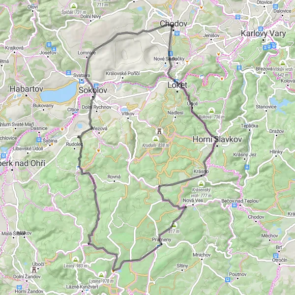 Miniaturní mapa "Cyklostezka Chodov - Severozápad" inspirace pro cyklisty v oblasti Severozápad, Czech Republic. Vytvořeno pomocí plánovače tras Tarmacs.app