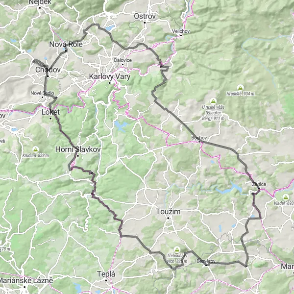 Map miniature of "Chodov to Goethova vyhlídka Road Cycling Route" cycling inspiration in Severozápad, Czech Republic. Generated by Tarmacs.app cycling route planner