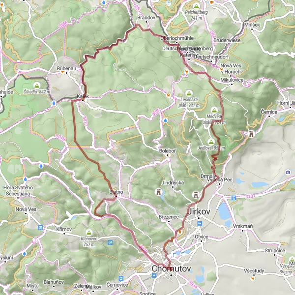 Miniaturní mapa "Gravelový výlet přes kopce kolem Chomutova" inspirace pro cyklisty v oblasti Severozápad, Czech Republic. Vytvořeno pomocí plánovače tras Tarmacs.app