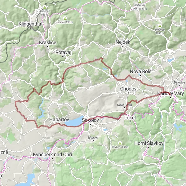 Miniaturní mapa "Gravelový výlet kolem Karlových Varů" inspirace pro cyklisty v oblasti Severozápad, Czech Republic. Vytvořeno pomocí plánovače tras Tarmacs.app