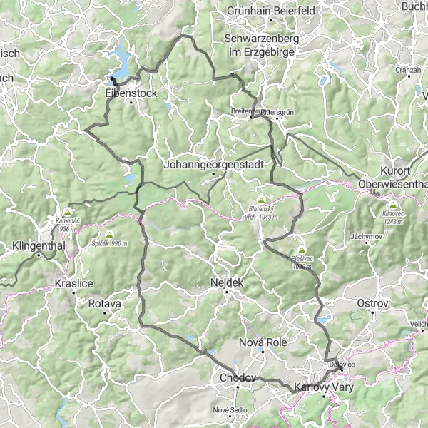 Mapa miniatúra "Okruh odbijúci sa od Dalovíc" cyklistická inšpirácia v Severozápad, Czech Republic. Vygenerované cyklistickým plánovačom trás Tarmacs.app