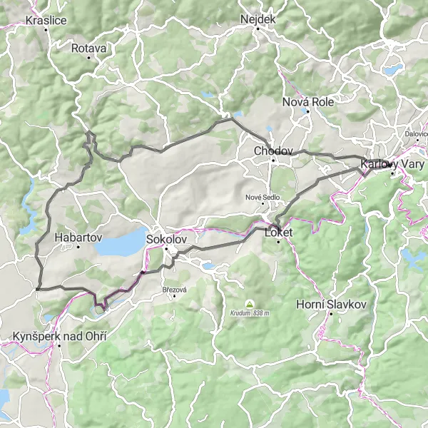 Mapa miniatúra "Road okruh kolem Karlových Varů" cyklistická inšpirácia v Severozápad, Czech Republic. Vygenerované cyklistickým plánovačom trás Tarmacs.app