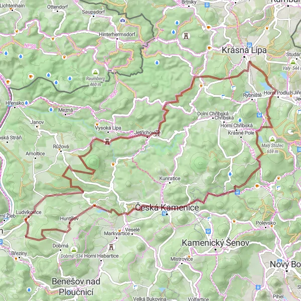 Mapa miniatúra "Gravelová výletní trasa okolo Děčína" cyklistická inšpirácia v Severozápad, Czech Republic. Vygenerované cyklistickým plánovačom trás Tarmacs.app
