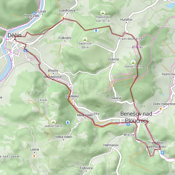Miniaturní mapa "Gravel okruh poblíž Děčína" inspirace pro cyklisty v oblasti Severozápad, Czech Republic. Vytvořeno pomocí plánovače tras Tarmacs.app