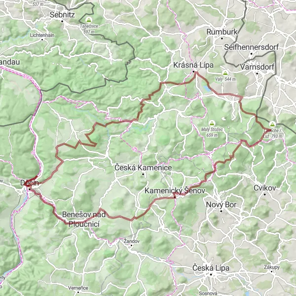 Miniaturní mapa "Gravelová dobrodružná cyklotrasa v okolí Děčína" inspirace pro cyklisty v oblasti Severozápad, Czech Republic. Vytvořeno pomocí plánovače tras Tarmacs.app