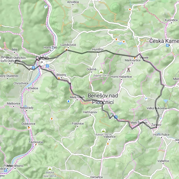 Mapa miniatúra "Cesta po silnici kolem Děčína" cyklistická inšpirácia v Severozápad, Czech Republic. Vygenerované cyklistickým plánovačom trás Tarmacs.app
