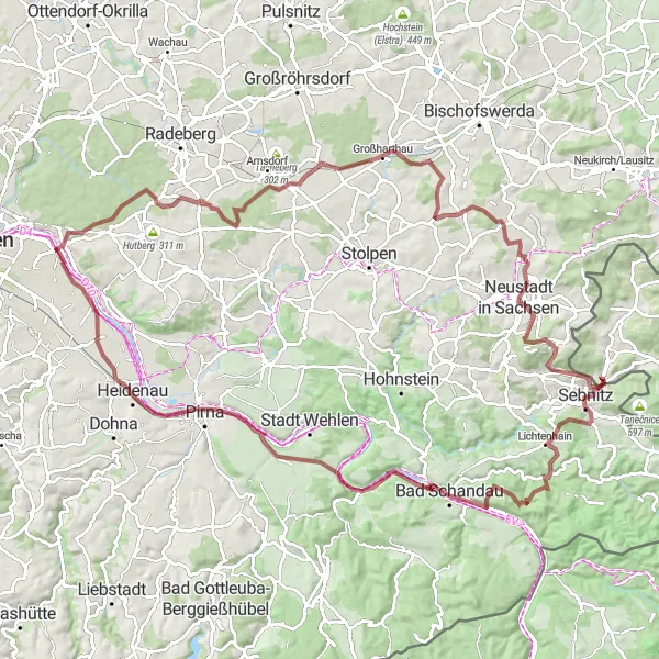 Miniaturní mapa "Gravel Tour around Dolní Poustevna" inspirace pro cyklisty v oblasti Severozápad, Czech Republic. Vytvořeno pomocí plánovače tras Tarmacs.app