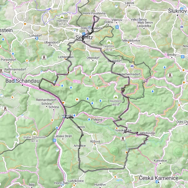 Karten-Miniaturansicht der Radinspiration "Road-Trip ab Dolní Poustevna" in Severozápad, Czech Republic. Erstellt vom Tarmacs.app-Routenplaner für Radtouren