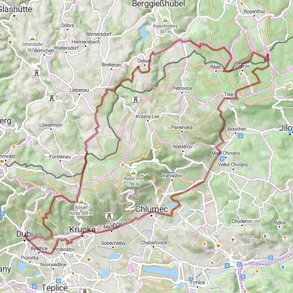 Mapa miniatúra "Gravel trasa cez Tisá a Hrad Krupka" cyklistická inšpirácia v Severozápad, Czech Republic. Vygenerované cyklistickým plánovačom trás Tarmacs.app