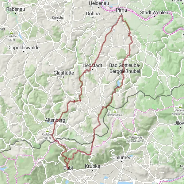 Miniaturní mapa "Gravelový okruh okolo Dubí" inspirace pro cyklisty v oblasti Severozápad, Czech Republic. Vytvořeno pomocí plánovače tras Tarmacs.app