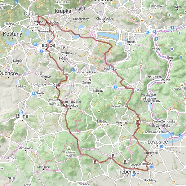 Mapa miniatúra "Gravel okruh okolo Čížkovic" cyklistická inšpirácia v Severozápad, Czech Republic. Vygenerované cyklistickým plánovačom trás Tarmacs.app