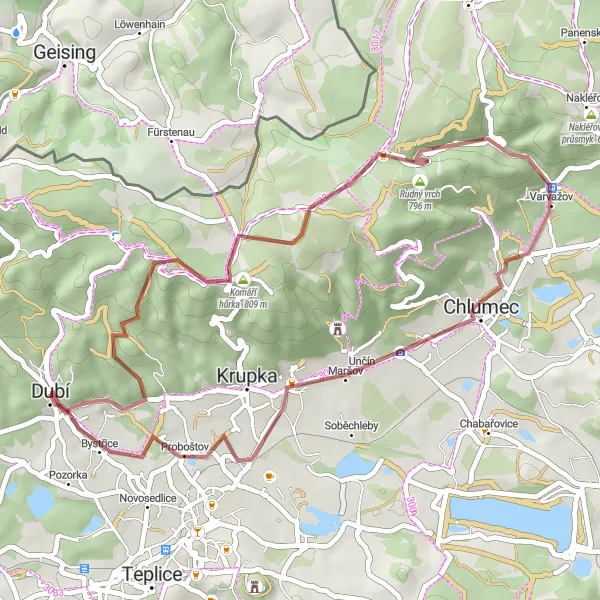 Map miniature of "Scenic Gravel Escape" cycling inspiration in Severozápad, Czech Republic. Generated by Tarmacs.app cycling route planner