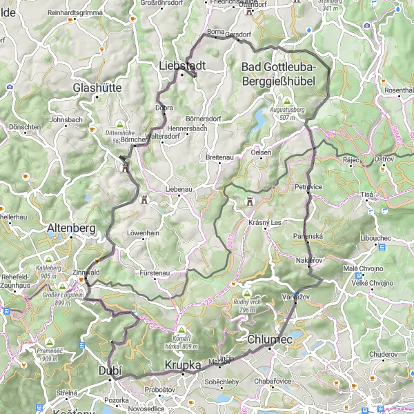 Map miniature of "Zinnwald Loop" cycling inspiration in Severozápad, Czech Republic. Generated by Tarmacs.app cycling route planner