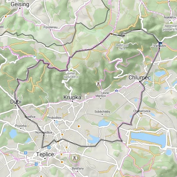 Mapa miniatúra "Cyklotrasa Komáří hůrka - Mlýnský vrch" cyklistická inšpirácia v Severozápad, Czech Republic. Vygenerované cyklistickým plánovačom trás Tarmacs.app