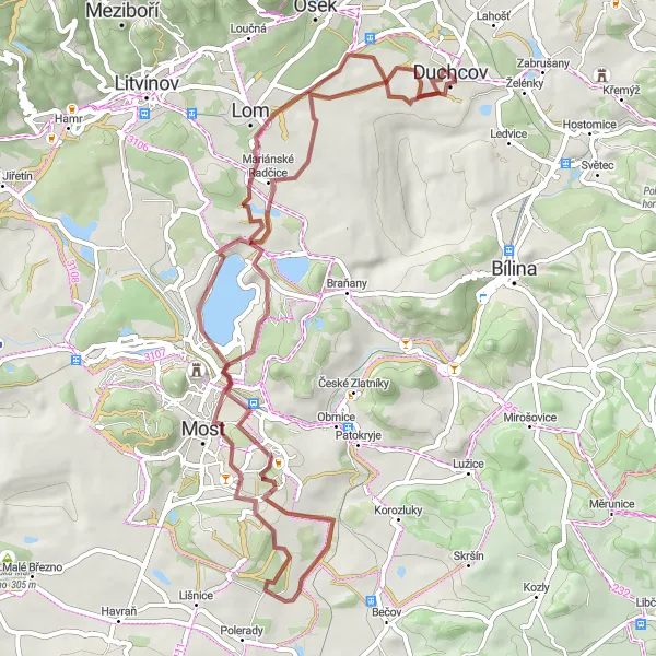 Mapa miniatúra "Gravelová pohoda okolo Severozápadnej časti Česka" cyklistická inšpirácia v Severozápad, Czech Republic. Vygenerované cyklistickým plánovačom trás Tarmacs.app