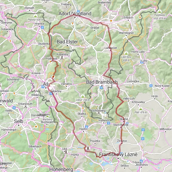 Miniaturní mapa "Františkovy Lázně - Žírovice a rozhledna Háj u Aše" inspirace pro cyklisty v oblasti Severozápad, Czech Republic. Vytvořeno pomocí plánovače tras Tarmacs.app