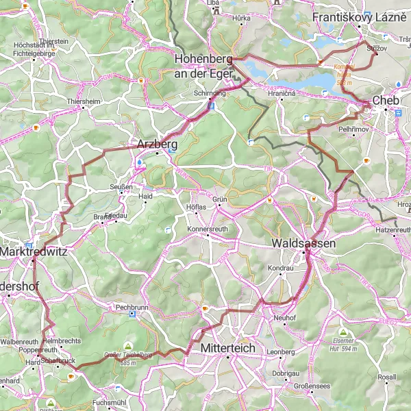 Mapa miniatúra "Okruh kolem Františkových Lázní" cyklistická inšpirácia v Severozápad, Czech Republic. Vygenerované cyklistickým plánovačom trás Tarmacs.app