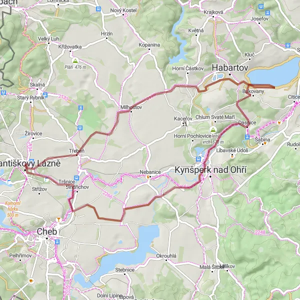 Mapa miniatúra "Zajímavá gravelová trasa" cyklistická inšpirácia v Severozápad, Czech Republic. Vygenerované cyklistickým plánovačom trás Tarmacs.app