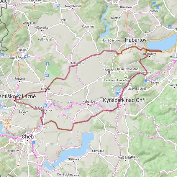 Miniaturní mapa "Scenic Gravel Loop near Františkovy Lázně" inspirace pro cyklisty v oblasti Severozápad, Czech Republic. Vytvořeno pomocí plánovače tras Tarmacs.app