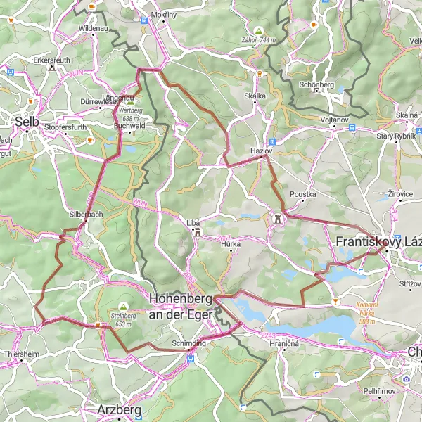 Map miniature of "Pozorovatelna vodního ptactva and Schirnding" cycling inspiration in Severozápad, Czech Republic. Generated by Tarmacs.app cycling route planner