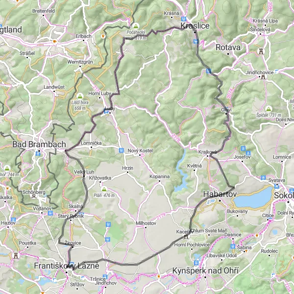 Miniaturní mapa "Františkovy Lázně - Rožledna Cibulka a Habartov" inspirace pro cyklisty v oblasti Severozápad, Czech Republic. Vytvořeno pomocí plánovače tras Tarmacs.app