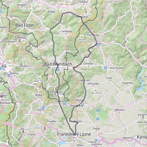 Mapa miniatúra "Okruh kolem Františkových Lázní na silnici" cyklistická inšpirácia v Severozápad, Czech Republic. Vygenerované cyklistickým plánovačom trás Tarmacs.app