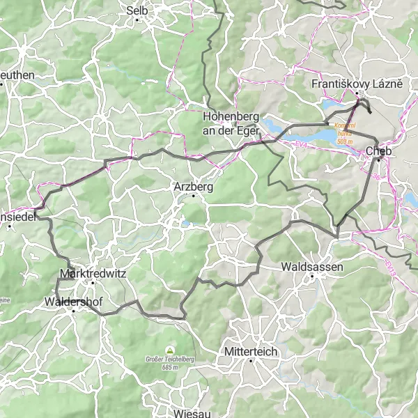 Miniatura mapy "Trasa Szosowa z Františkowych Lázní do Salingburg" - trasy rowerowej w Severozápad, Czech Republic. Wygenerowane przez planer tras rowerowych Tarmacs.app
