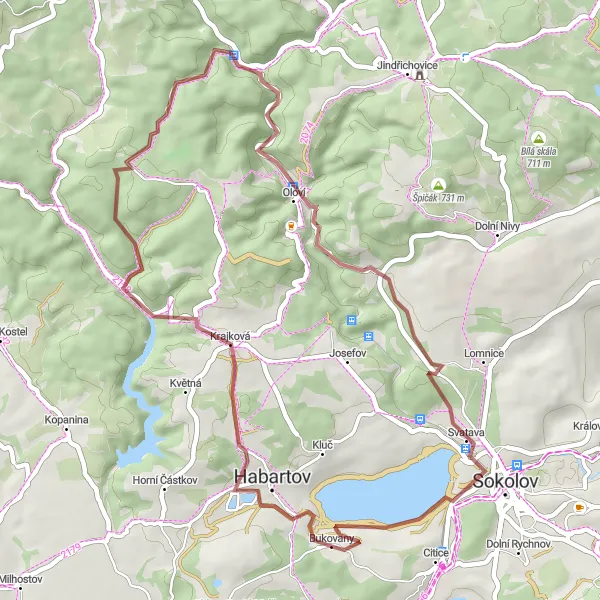 Mapa miniatúra "Gravelová okružná cyklotrasa cez Krajkovú a Oloví" cyklistická inšpirácia v Severozápad, Czech Republic. Vygenerované cyklistickým plánovačom trás Tarmacs.app