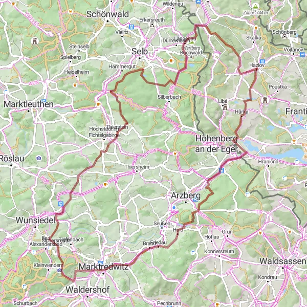 Miniaturní mapa "Gravelový okruh přes okolí Hazlova" inspirace pro cyklisty v oblasti Severozápad, Czech Republic. Vytvořeno pomocí plánovače tras Tarmacs.app