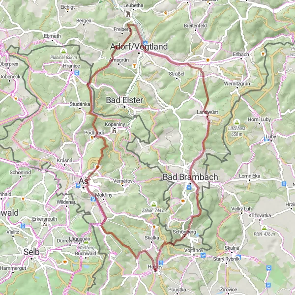 Mapa miniatúra "Gravelová trasa cez Adorf a Schönberg" cyklistická inšpirácia v Severozápad, Czech Republic. Vygenerované cyklistickým plánovačom trás Tarmacs.app