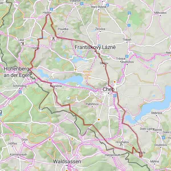 Map miniature of "Františkovy Lázně and the Border Castle Loop" cycling inspiration in Severozápad, Czech Republic. Generated by Tarmacs.app cycling route planner