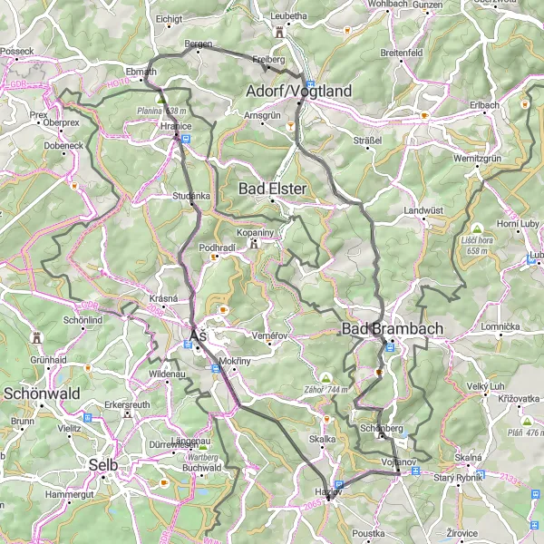Map miniature of "Goethův vrch and Hranice Panorama Loop" cycling inspiration in Severozápad, Czech Republic. Generated by Tarmacs.app cycling route planner