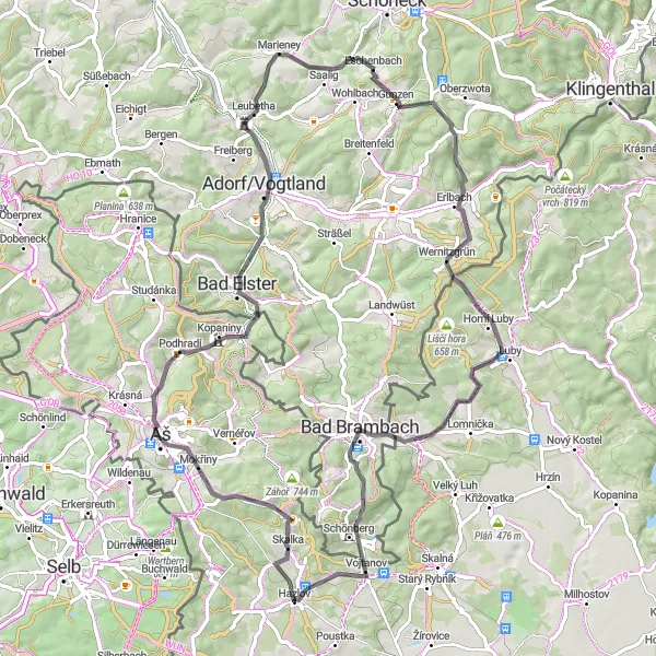 Map miniature of "Countryside Bliss: Hazlov to Bad Brambach" cycling inspiration in Severozápad, Czech Republic. Generated by Tarmacs.app cycling route planner