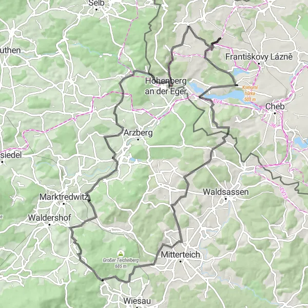 Miniaturní mapa "Okolí Hazlov - Road" inspirace pro cyklisty v oblasti Severozápad, Czech Republic. Vytvořeno pomocí plánovače tras Tarmacs.app